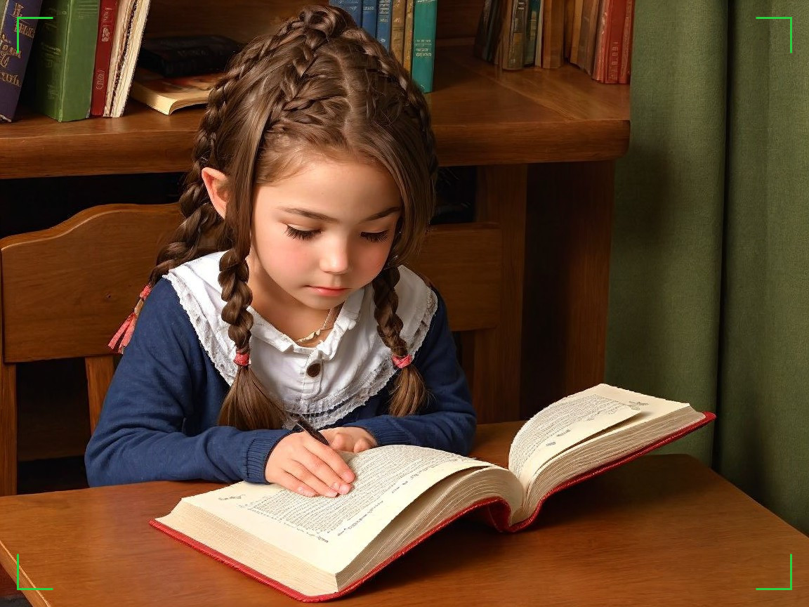 Young girl reading and writing at a wooden table