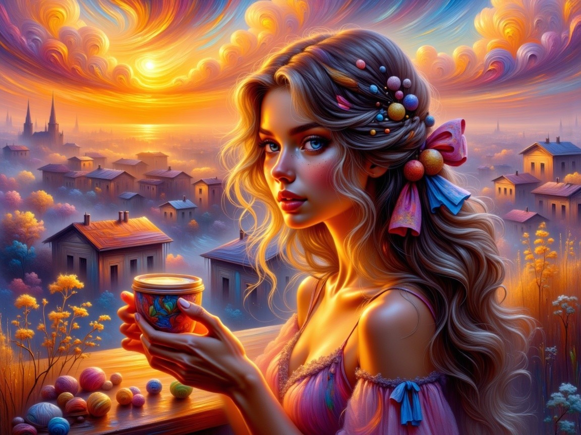 Sunset Scene with Thoughtful Woman and Charming Town