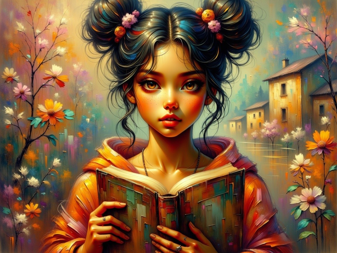 Young girl with book in vibrant setting of flowers