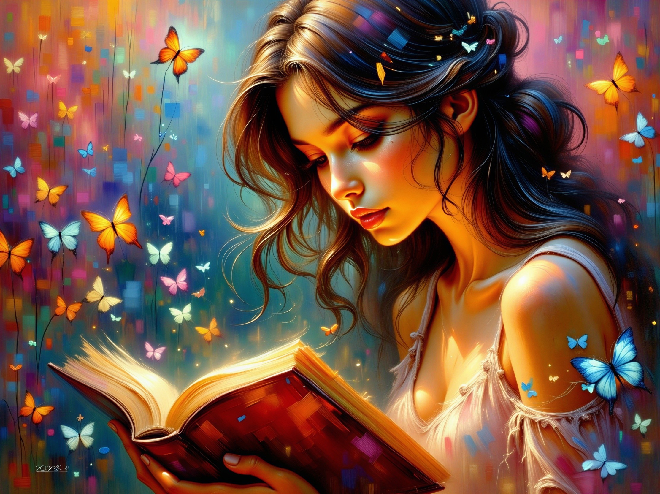 Illustration of a Young Woman Reading in a Magical Field