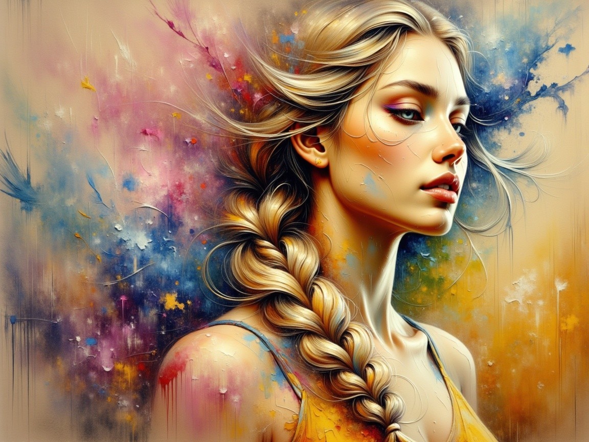 Portrait of a Young Woman with Braided Hair and Colorful Background