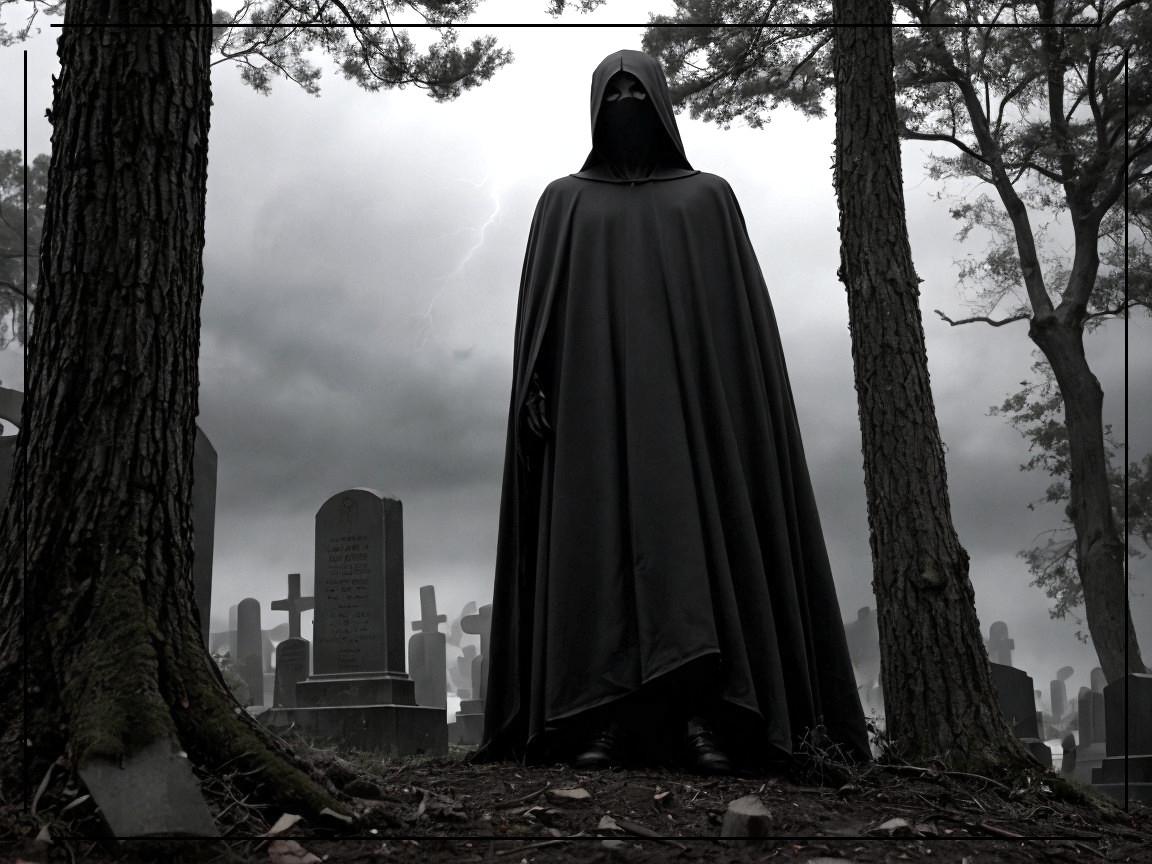 Cloaked Figure in Stormy Graveyard with Tombstones