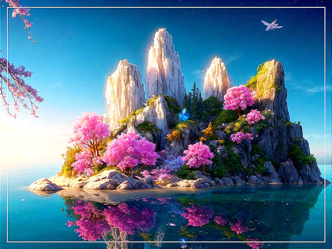 Serene Island Landscape with Cliffs and Cherry Blossoms