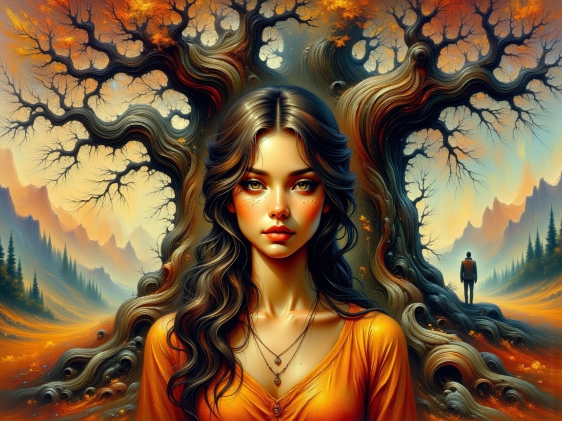 Digital painting of a woman with tree-like hair design