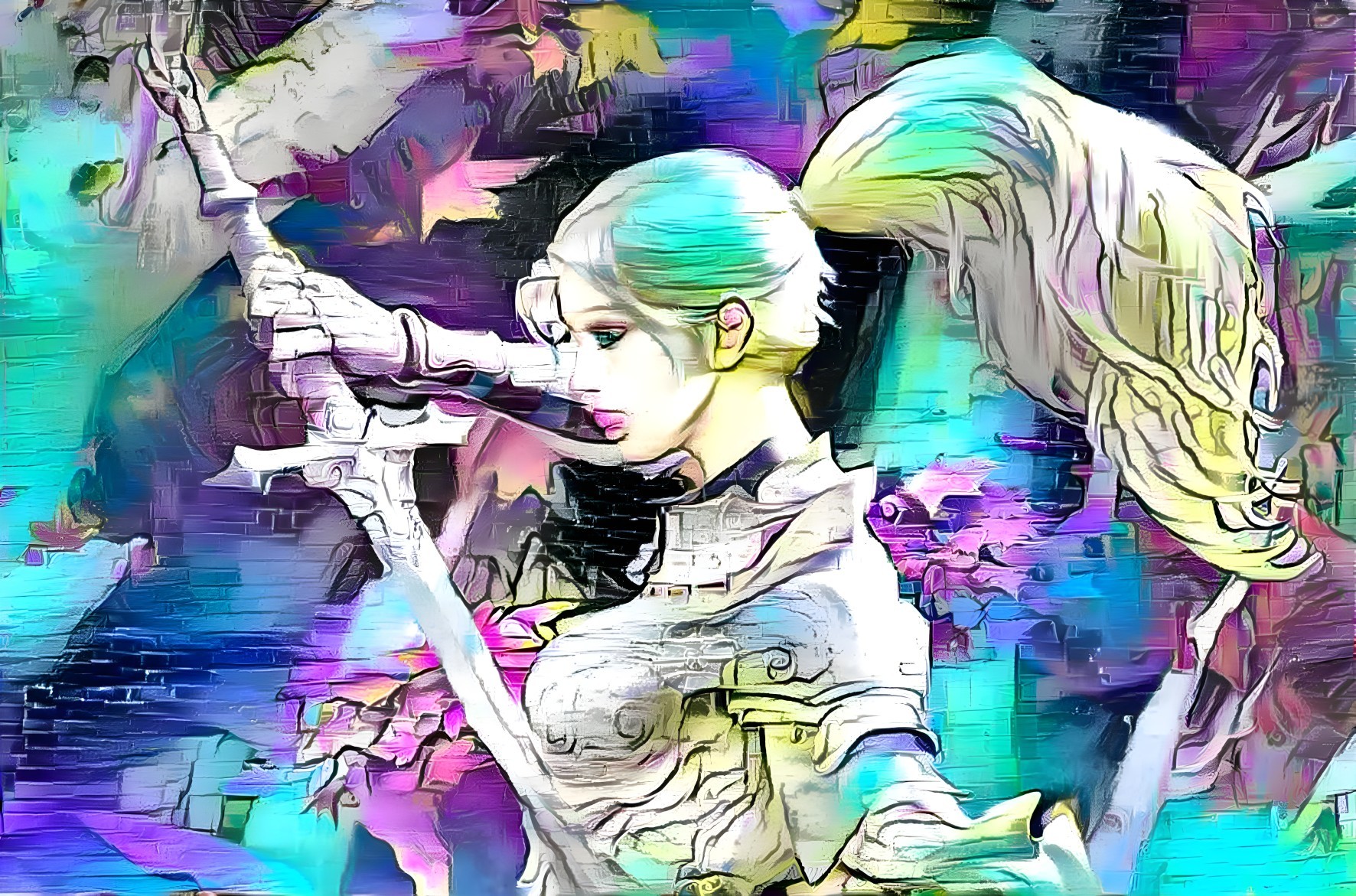 Stylized character with flute in vibrant abstract setting