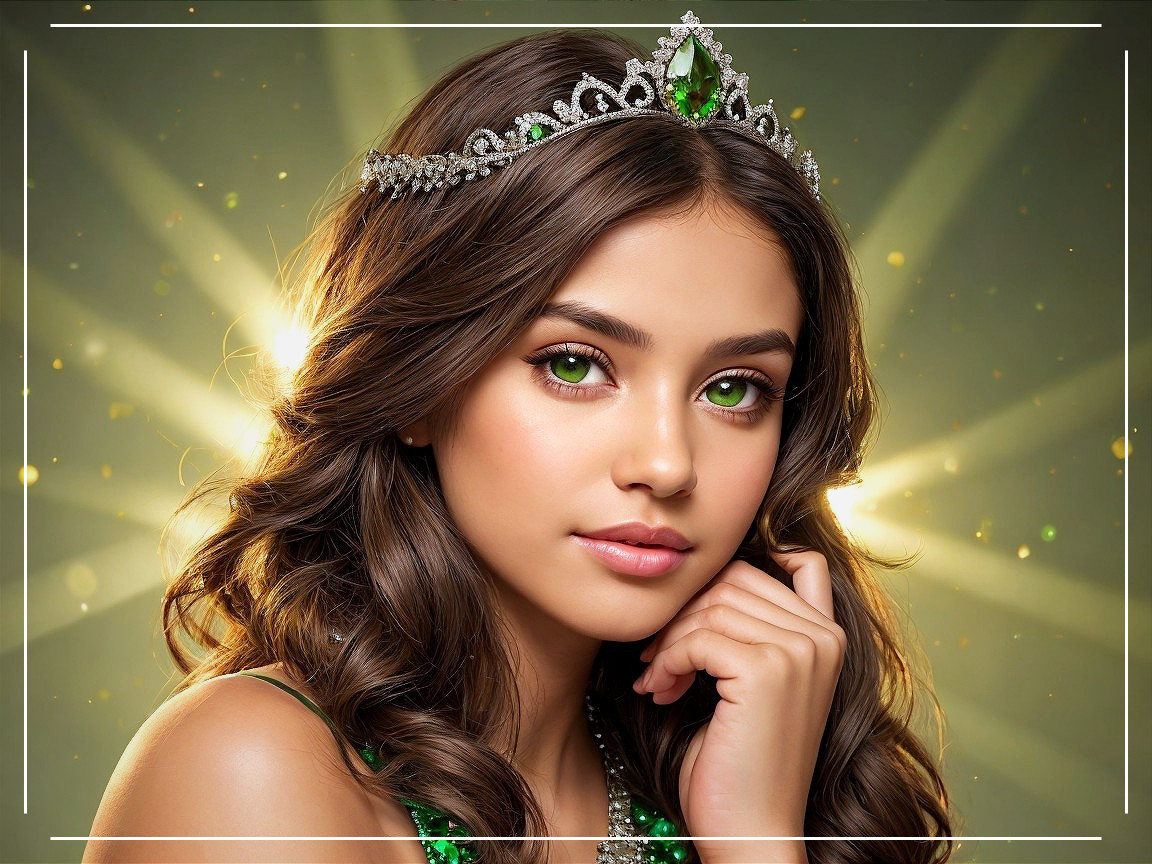 Young Woman in Green Outfit with Tiara and Confidence