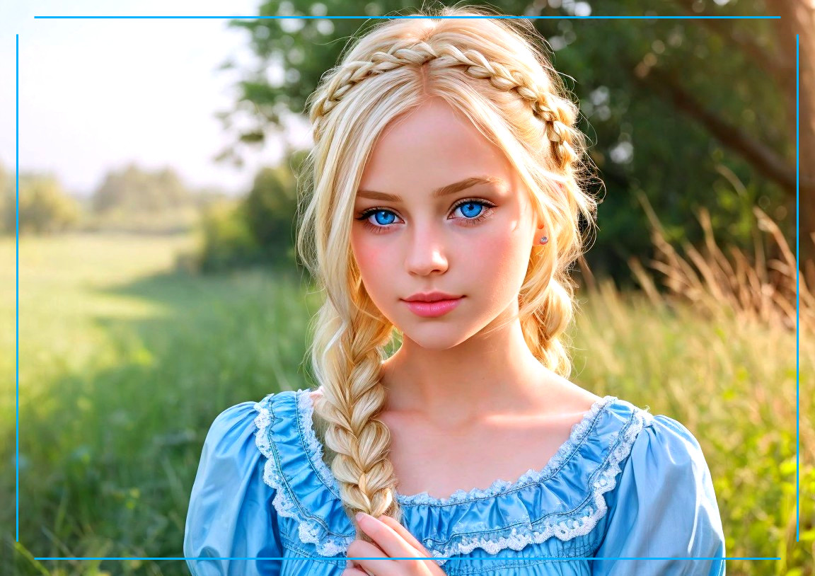 Young girl in blue outfit in serene green landscape