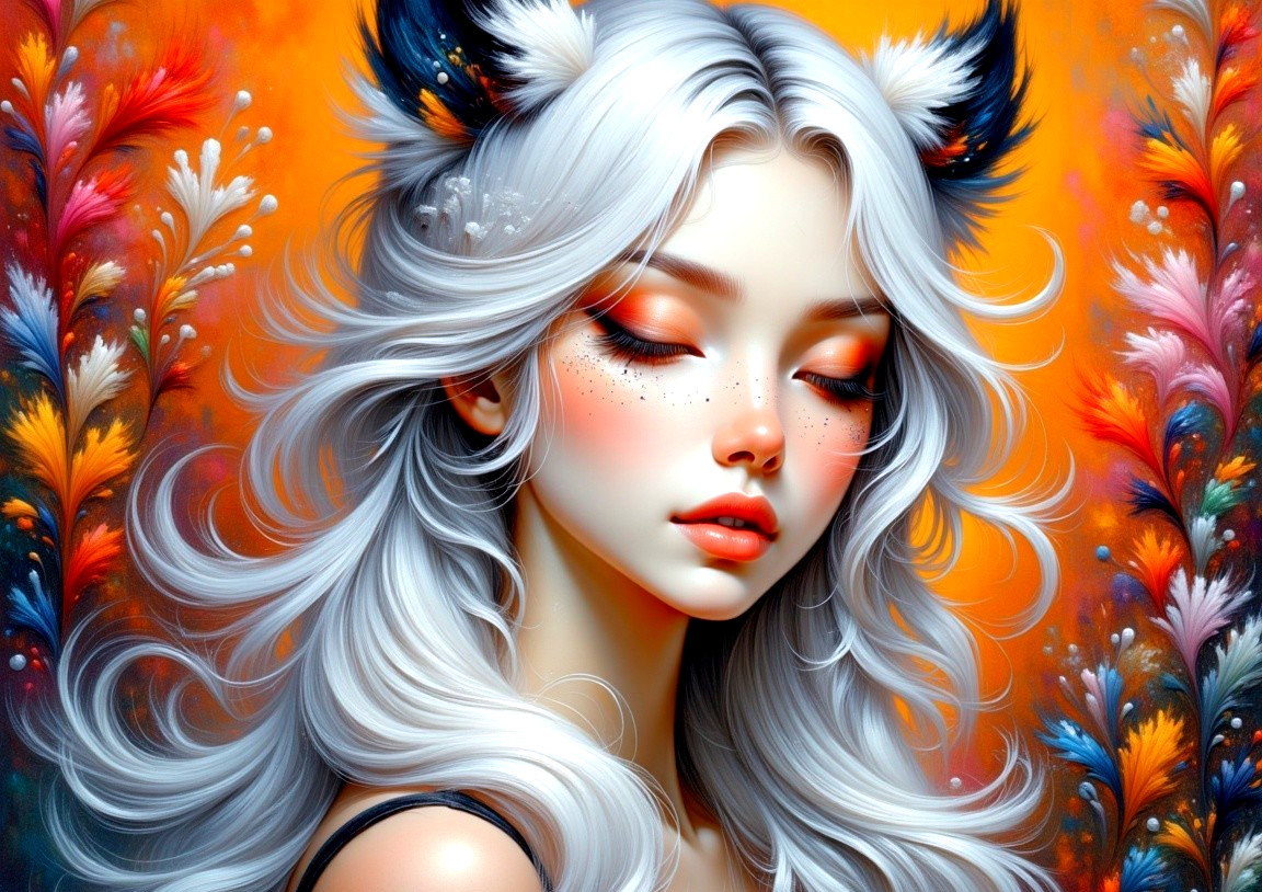 Young woman with silver hair and fox ears in floral scene