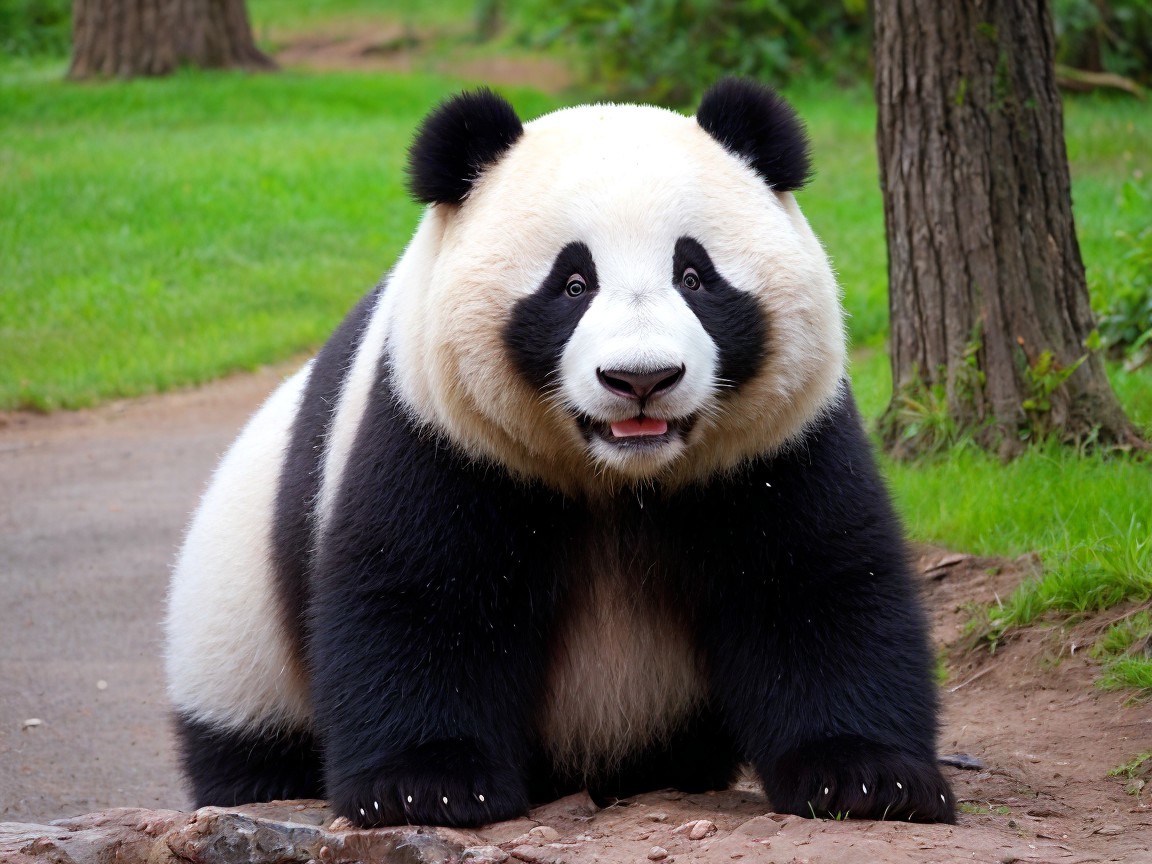 Giant panda resting on a path in a green setting