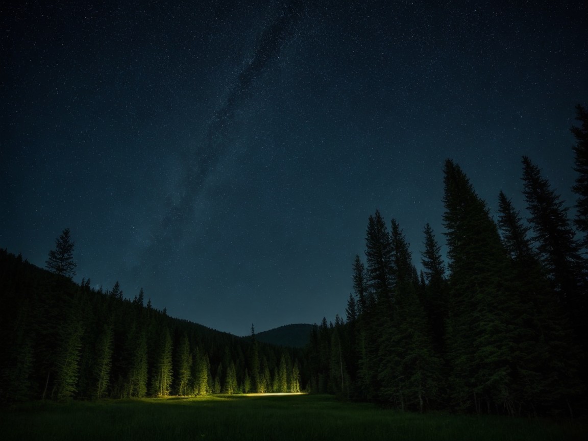 Serene Night Scene of a Forest with Stars and Light