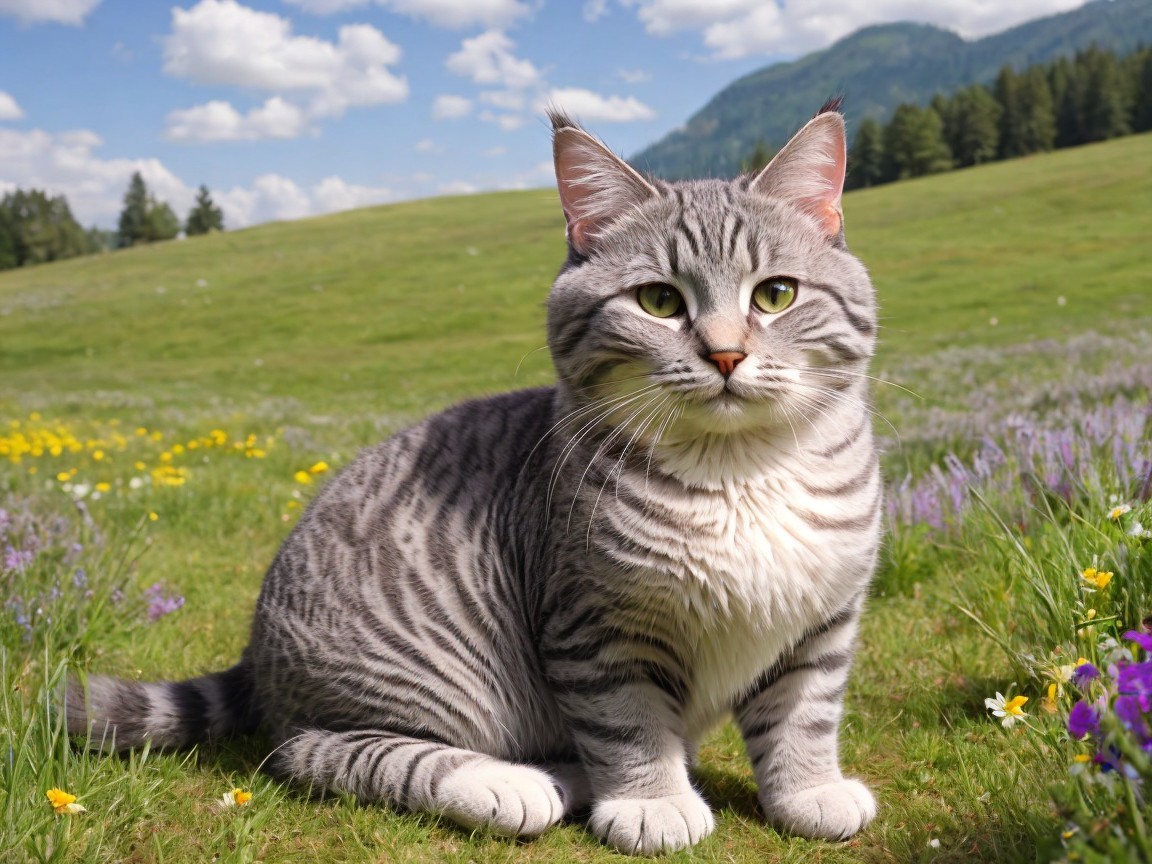 Silver-Striped Cat in a Green Meadow with Wildflowers