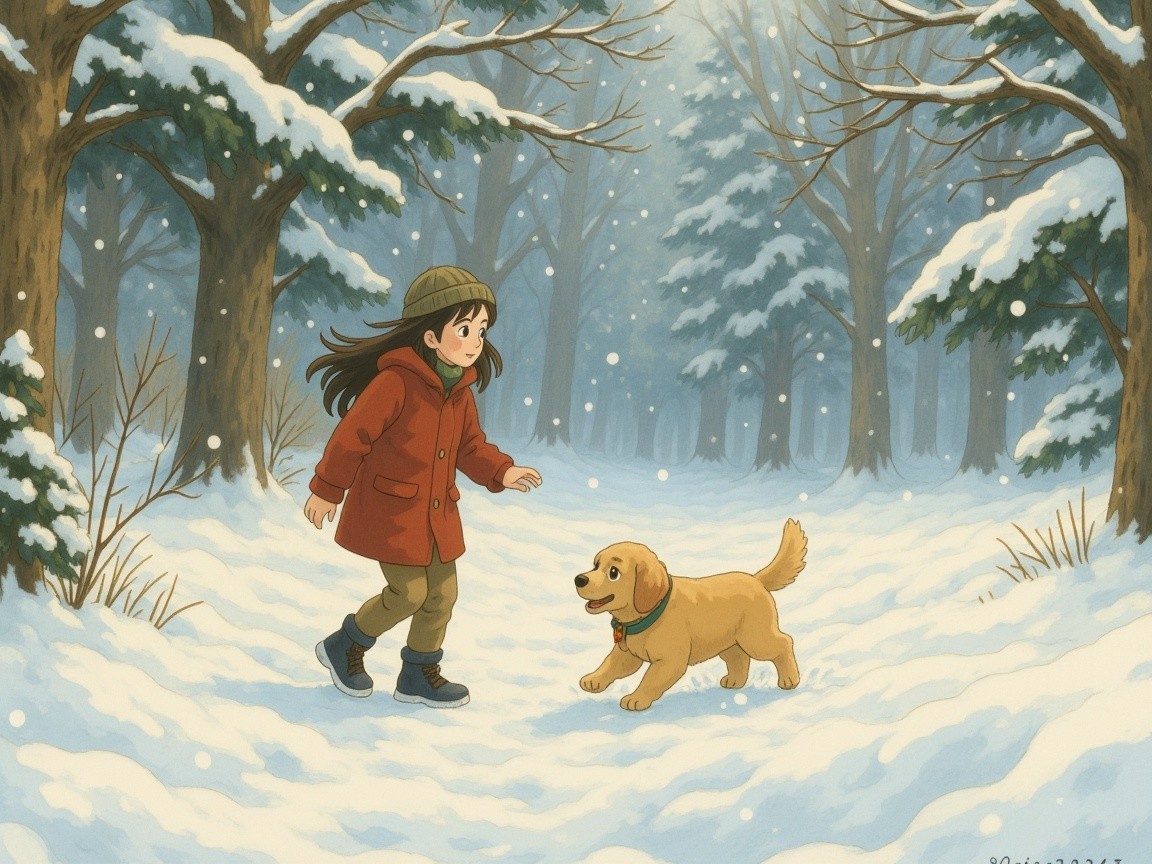 Cheerful girl and puppy in a snowy forest scene