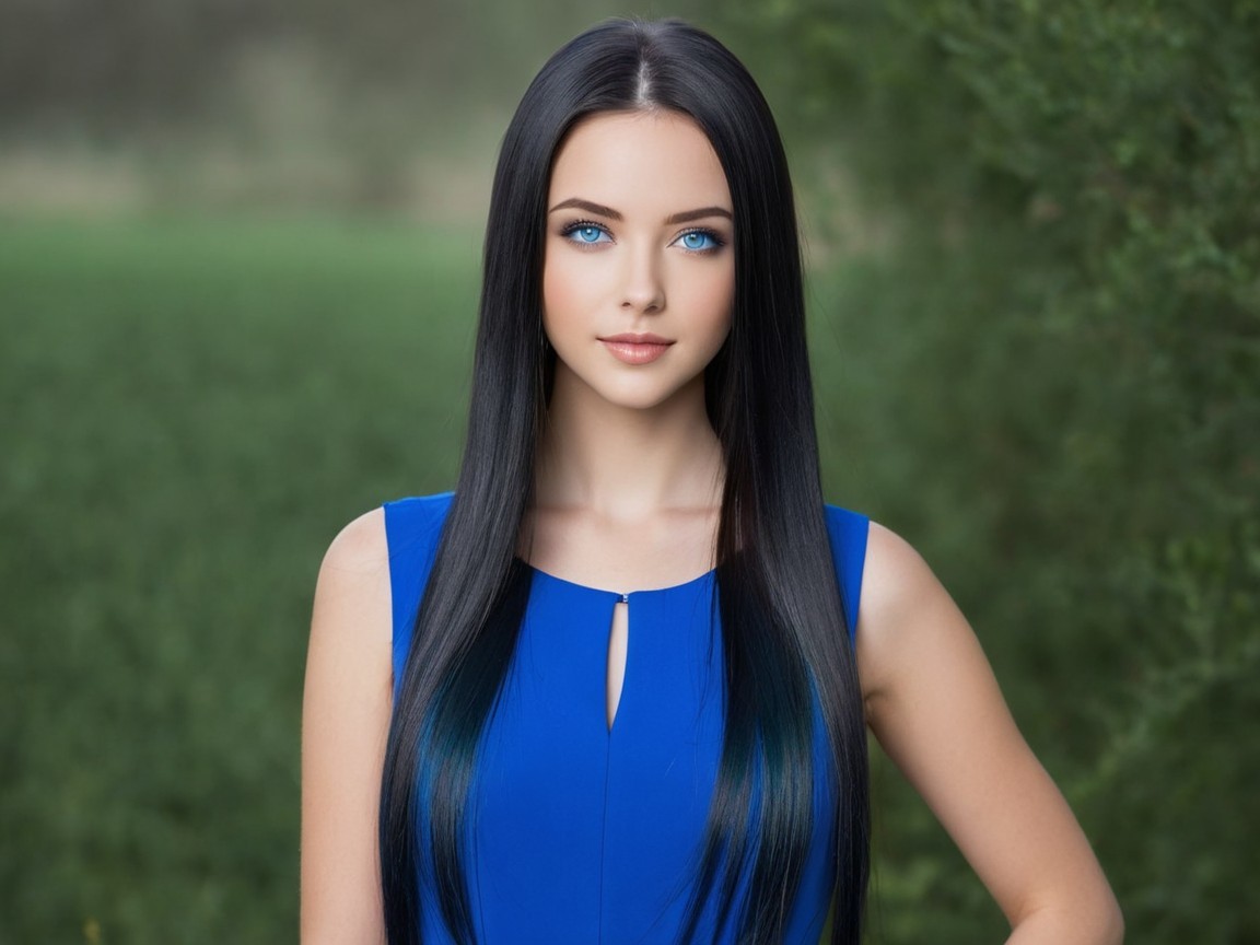 Young woman in blue dress against green landscape