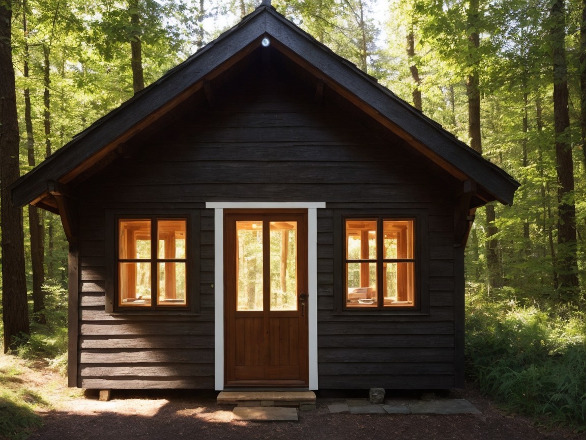 Small Cabin in a Vibrant Green Forest Setting