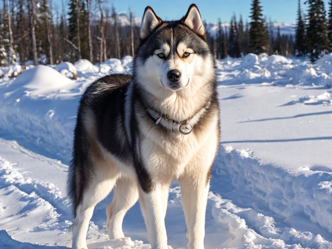 Siberian Husky in Snowy Landscape with Pine Trees