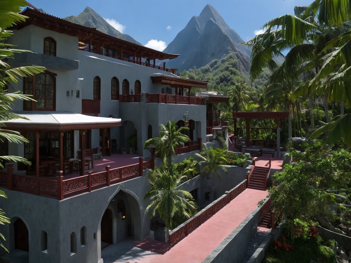 Modern villa with mountain views and lush gardens