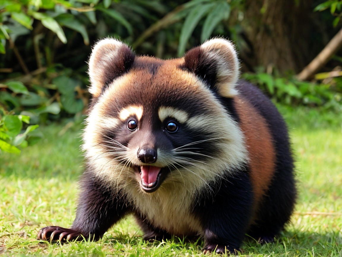 Playful raccoon-like creature with fluffy coat and markings