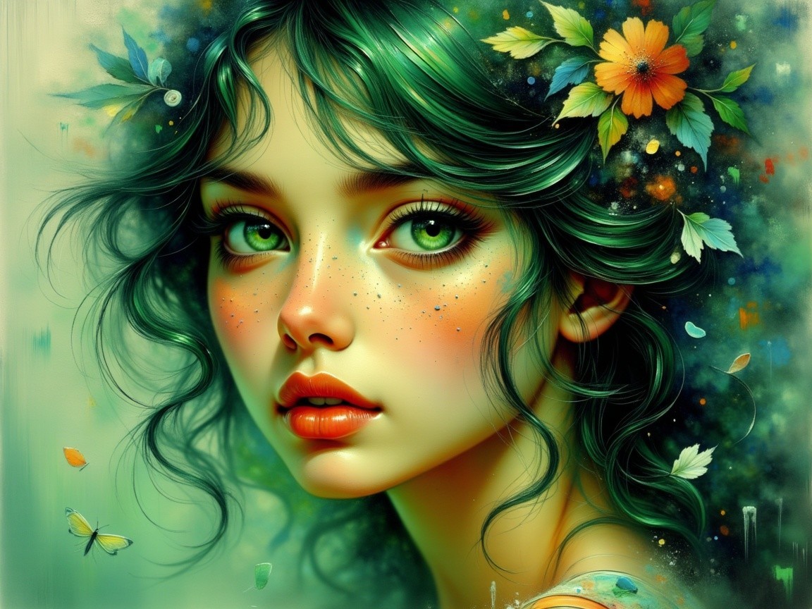 Portrait of a Young Woman with Green Hair and Flowers