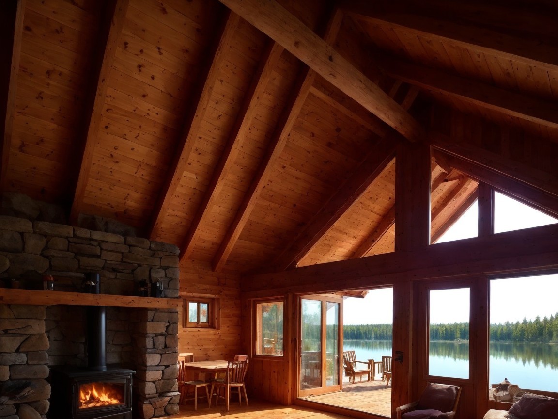 Cozy Cabin Interior with Vaulted Ceilings and Fireplace