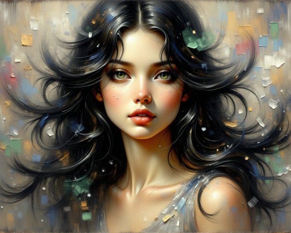 Portrait of a Young Woman with Black Hair and Green Eyes