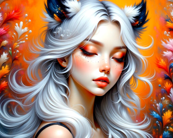 Young woman with silver hair and fox ears in floral scene