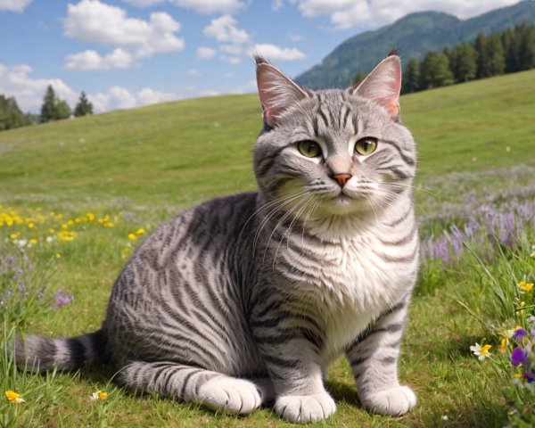 Silver-Striped Cat in a Green Meadow with Wildflowers