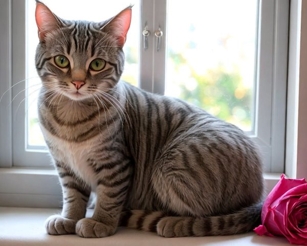 Tabby Cat with Green Eyes on a Sunlit Windowsill