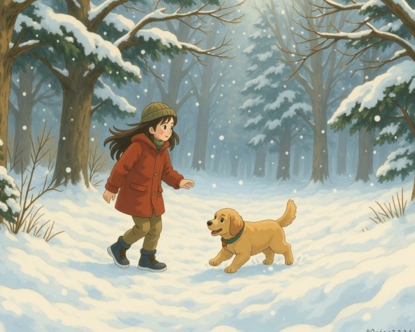 Cheerful girl and puppy in a snowy forest scene