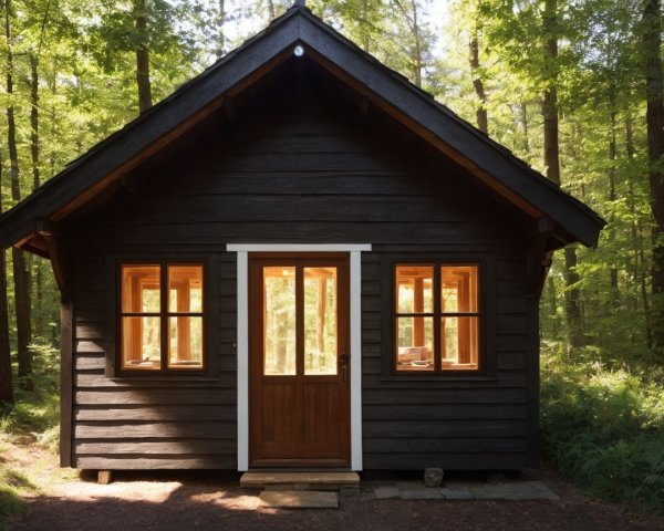 Small Cabin in a Vibrant Green Forest Setting
