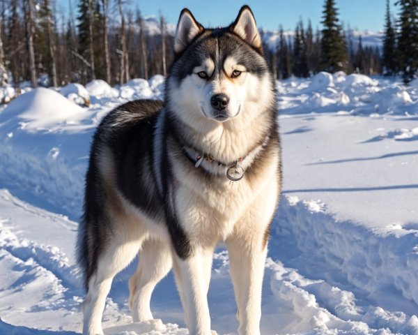 Siberian Husky in Snowy Landscape with Pine Trees