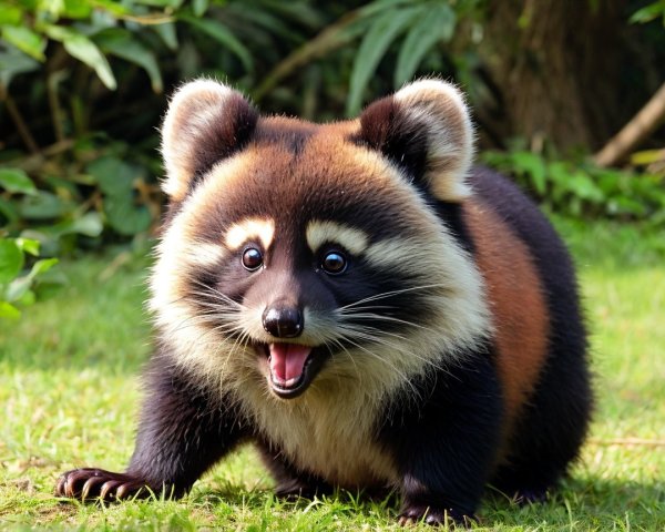 Playful raccoon-like creature with fluffy coat and markings