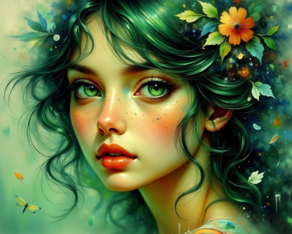 Portrait of a Young Woman with Green Hair and Flowers