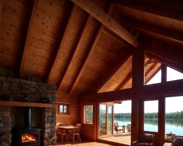 Cozy Cabin Interior with Vaulted Ceilings and Fireplace