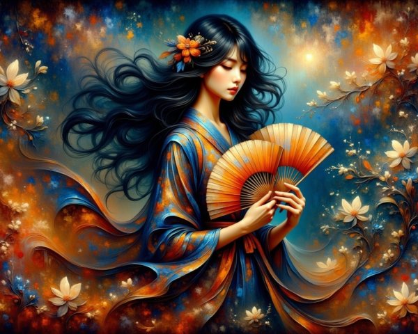 Serene woman in vibrant kimono with ornate fan
