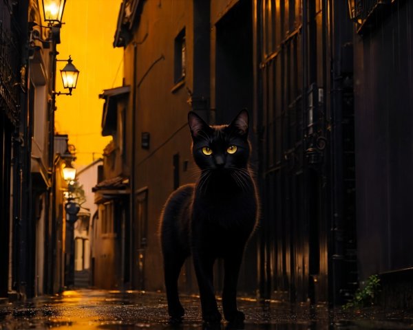 Black Cat in Cobblestone Alley with Vintage Lamps
