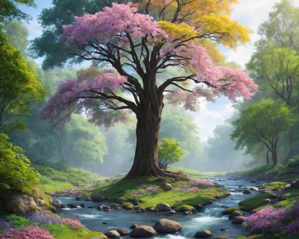 Vibrant Landscape with Blossoming Tree and Stream