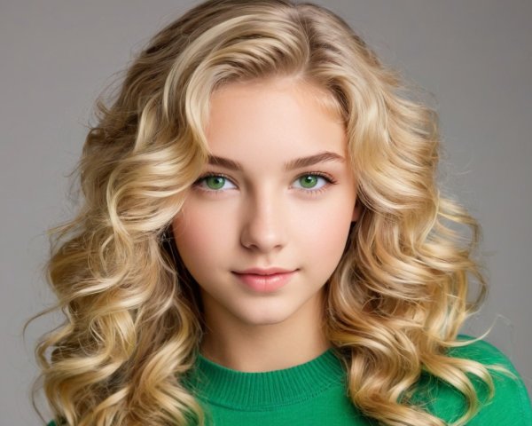 Young girl with blonde hair in green sweater portrait