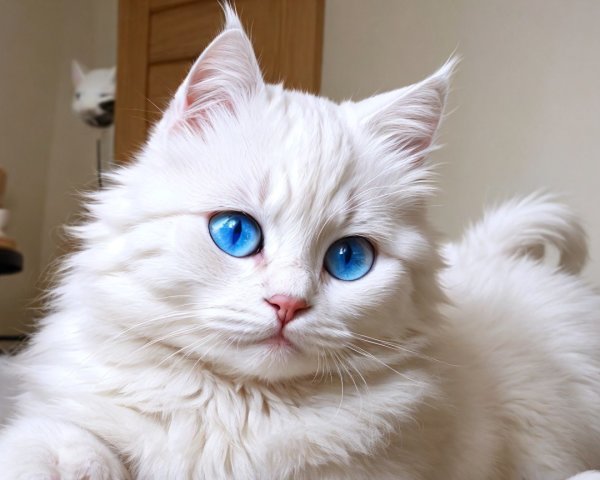 Fluffy White Cat with Blue Eyes in Cozy Indoor Setting
