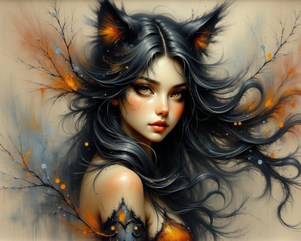 Young woman with gray-black hair and cat ears