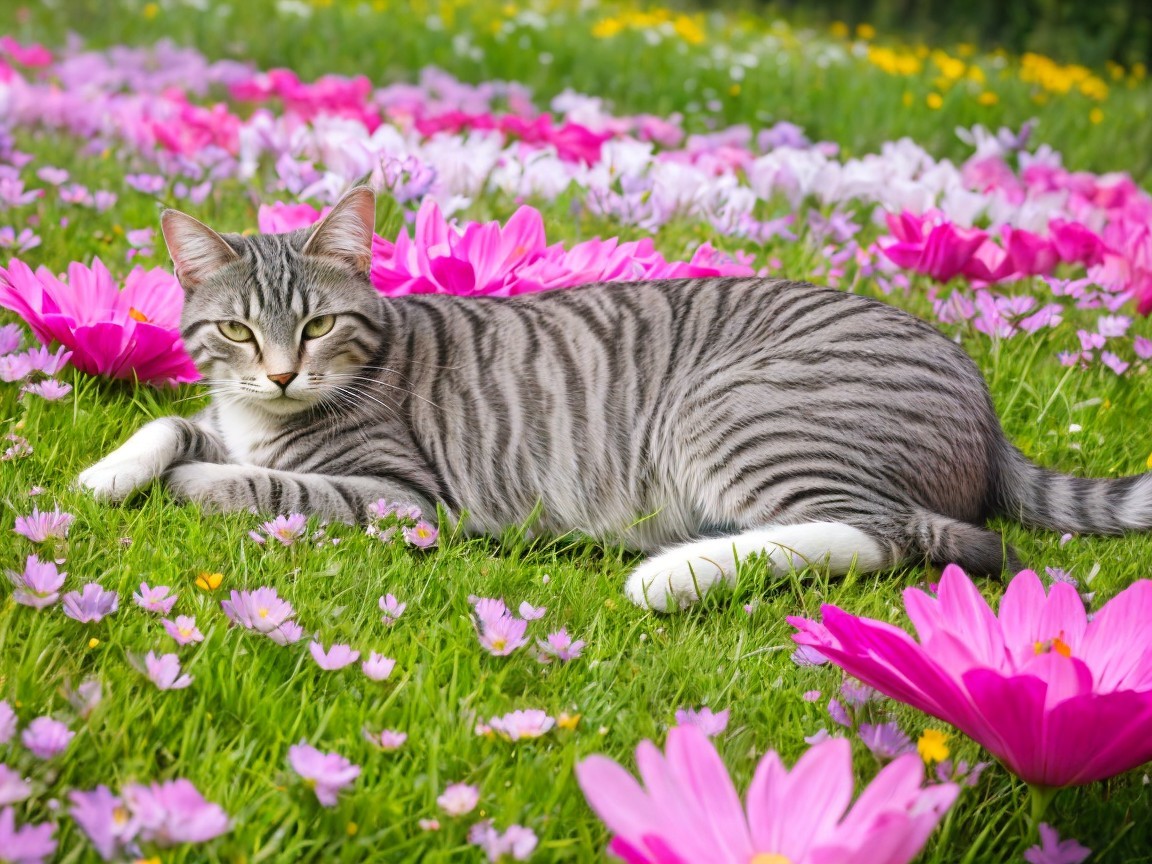 Gray Tabby Cat in a Colorful Flower Field