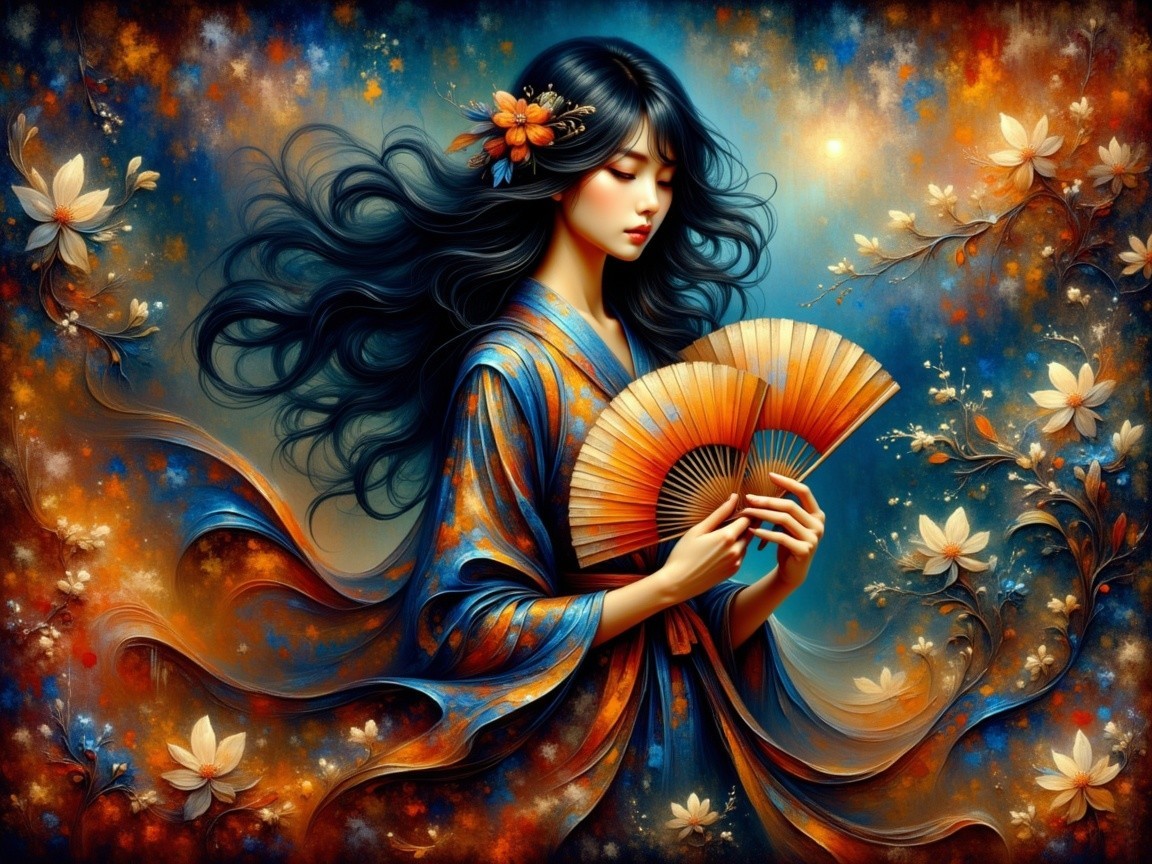 Serene woman in vibrant kimono with ornate fan