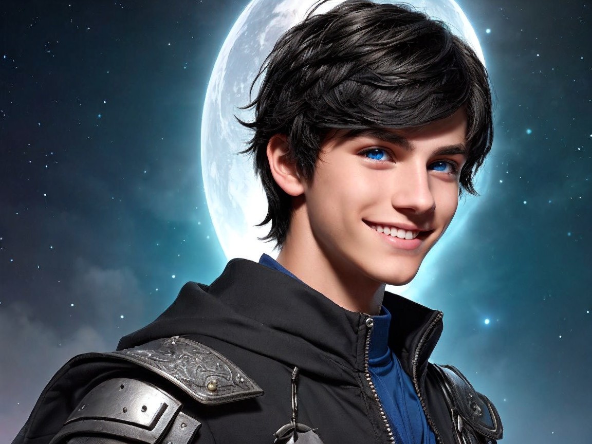 Young male character in fantasy setting with moonlit sky