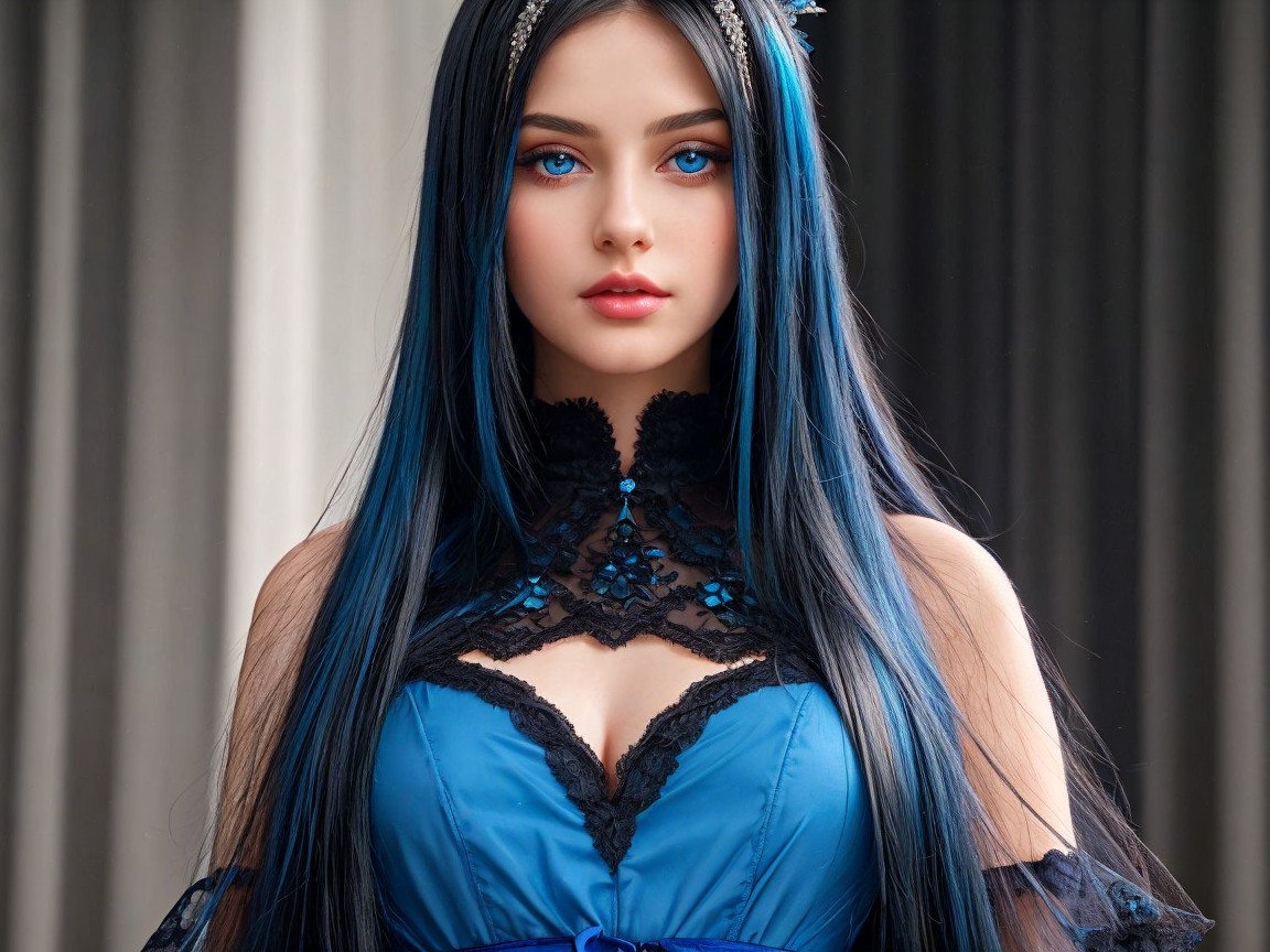 Young woman with blue highlights in elegant dress