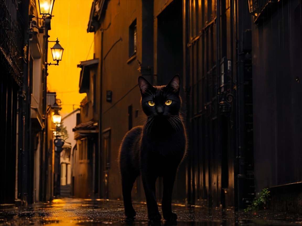 Black Cat in Cobblestone Alley with Vintage Lamps