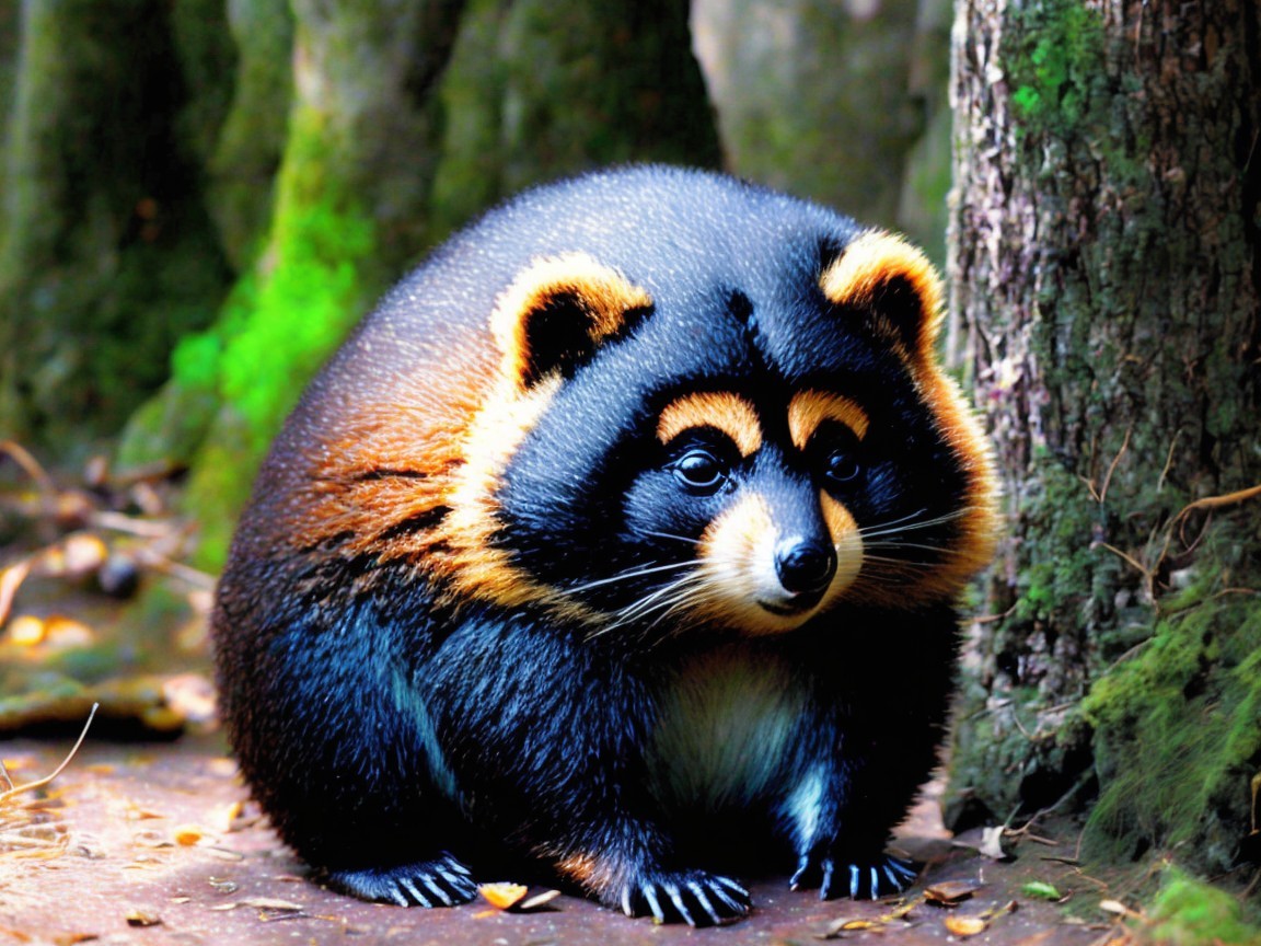 Fluffy Round Animal with Black and Orange Fur Pattern