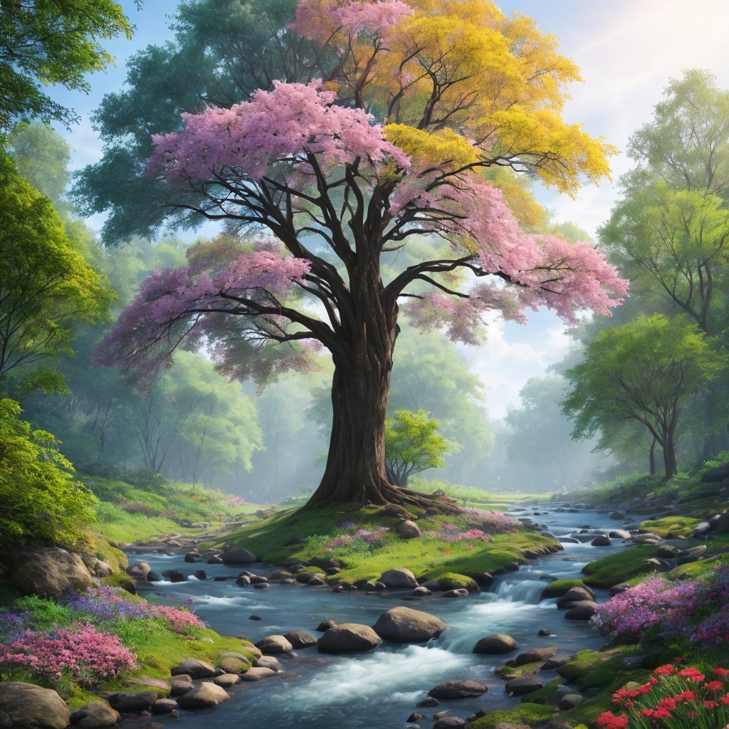 Vibrant Landscape with Blossoming Tree and Stream
