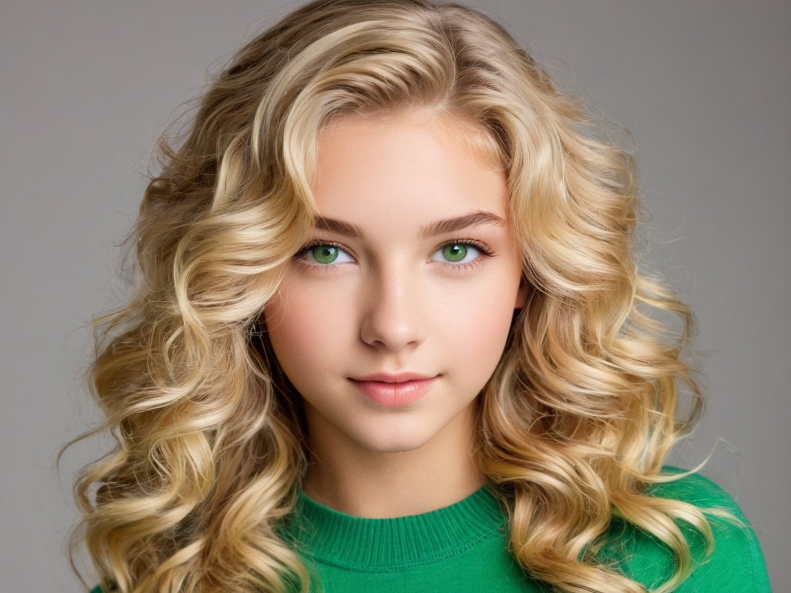 Young girl with blonde hair in green sweater portrait
