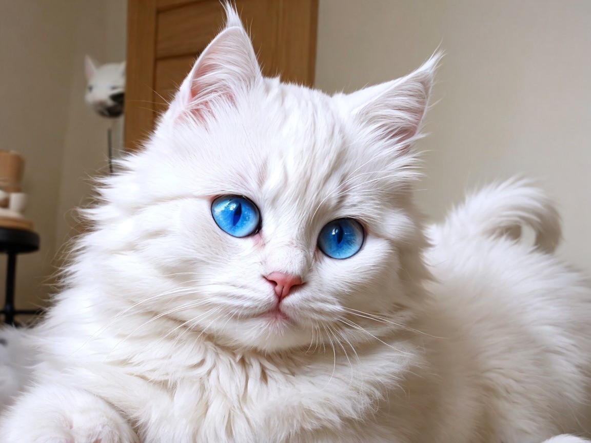 Fluffy White Cat with Blue Eyes in Cozy Indoor Setting