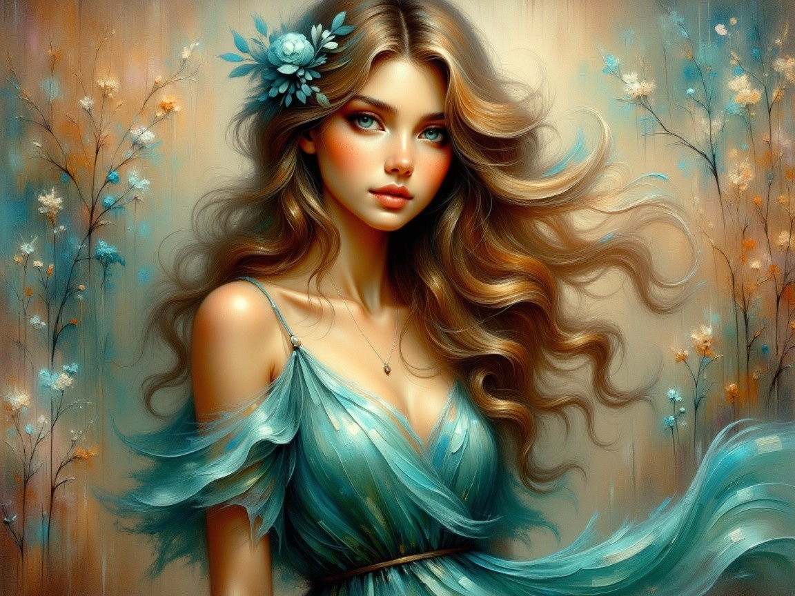 Dreamy Portrait of a Young Woman in Turquoise Dress