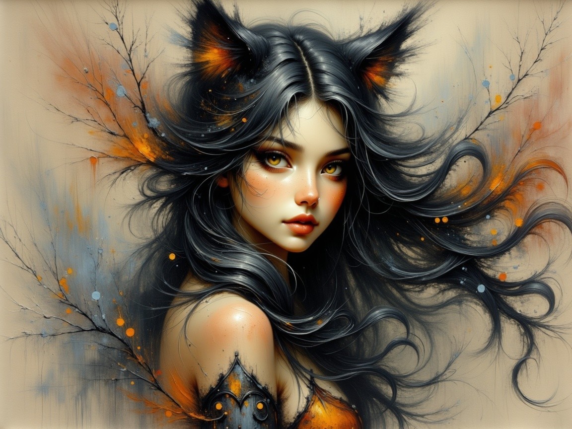 Young woman with gray-black hair and cat ears